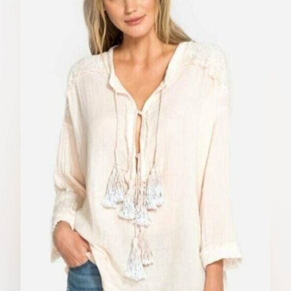 Johnny Was Tops - JOHNNY WAS Blush Pink Gauze Tassel Embroidered Blouse Oversized Sz Med